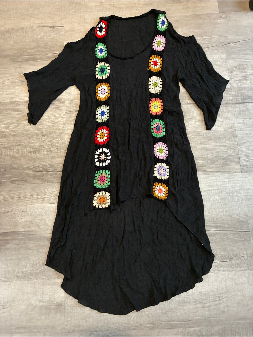 American Eagle Black Cold-Shoulder beach cover up  with Colorful Crochet Trim